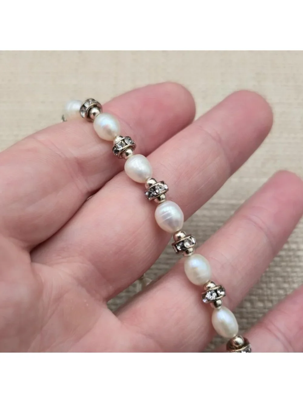 7.5 Inch Sterling Silver Freshwater Pearl Crystal Rondelle Spacer Bracelet A8159